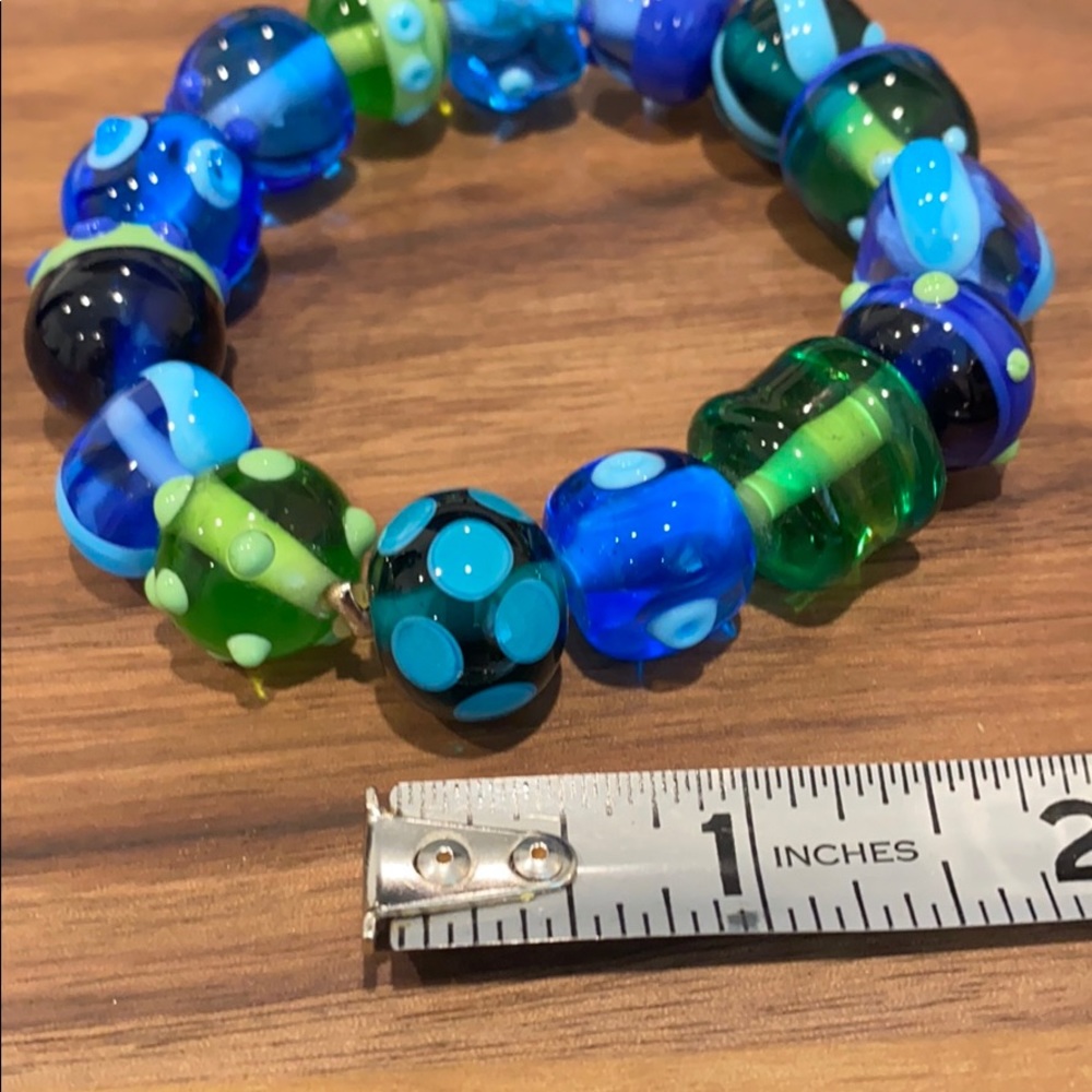 Boho Blue Green Art Glass Bead Bracelet. Stretches - Picture 3 of 5